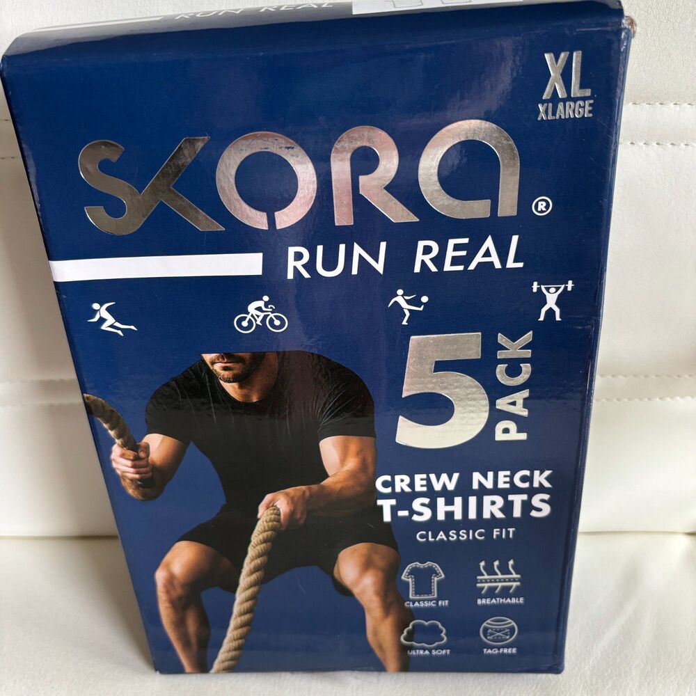 SKORA Run Real Men's XL White Crew Neck T-Shirts 5 Pack Classic Fit NEW